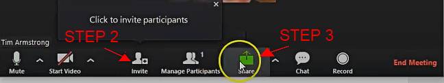 Zoom settings to invite participant and share screen