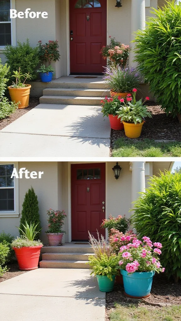 Before and After Front Yard Transformations That Cost Under $500 - 4. Creating Colorful Containers 1