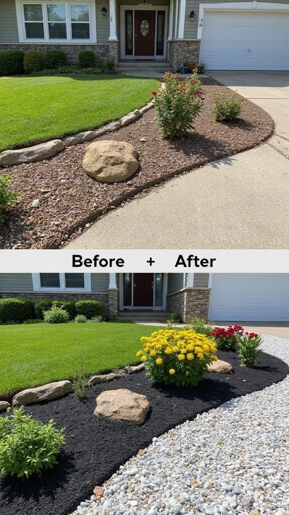 Before and After Front Yard Transformations That Cost Under $500 - 9. Mulch and Stone for a Clean Look 1