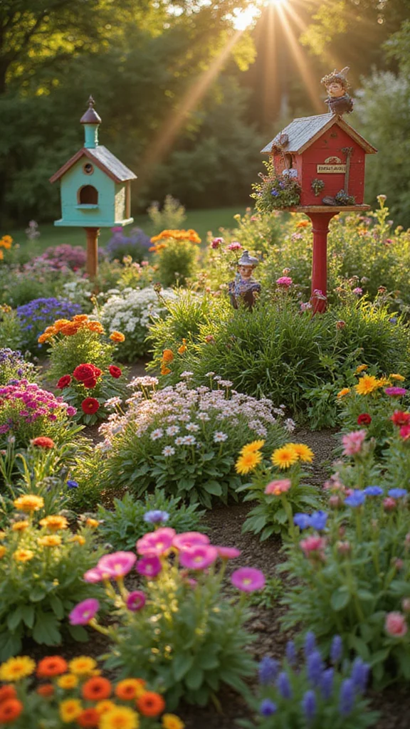 Cottage-Style Flower Bed Ideas With Overflowing Color and Soft Texture - 7. Incorporating Garden Art: Personalize Your Space 1