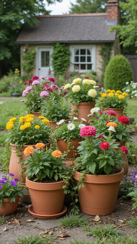 Cottage-Style Flower Bed Ideas With Overflowing Color and Soft Texture - 8. Use of Terracotta Pots: Add Layers and Texture 1