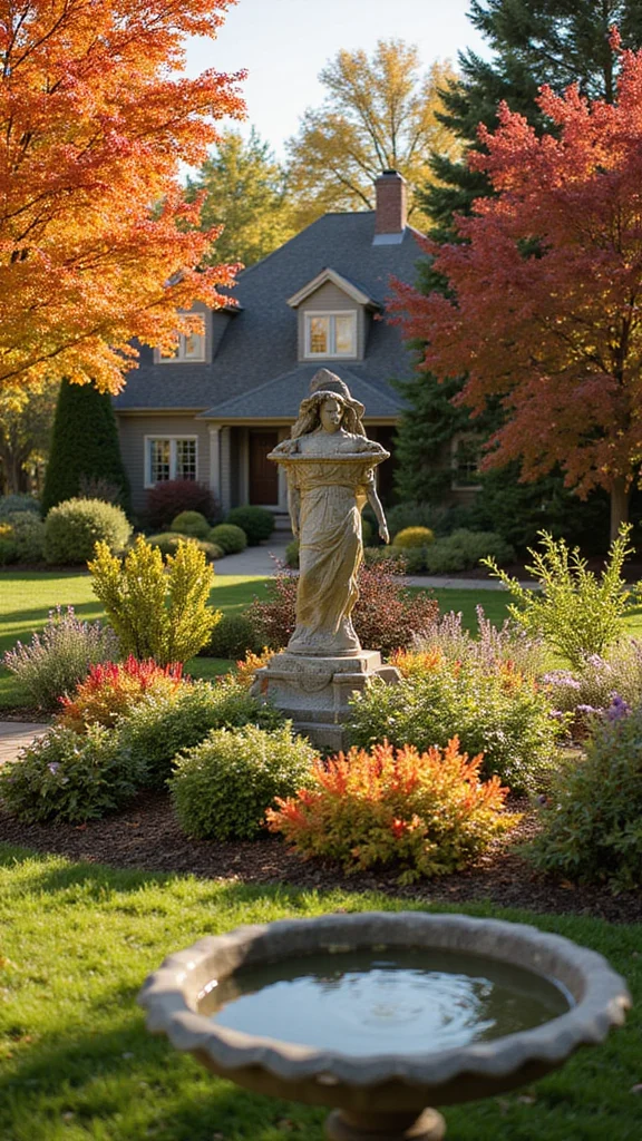 Fall Front Yard Landscaping Ideas That Stay Beautiful Through Winter - 8. Create a Focal Point with Sculpture or Decor 1
