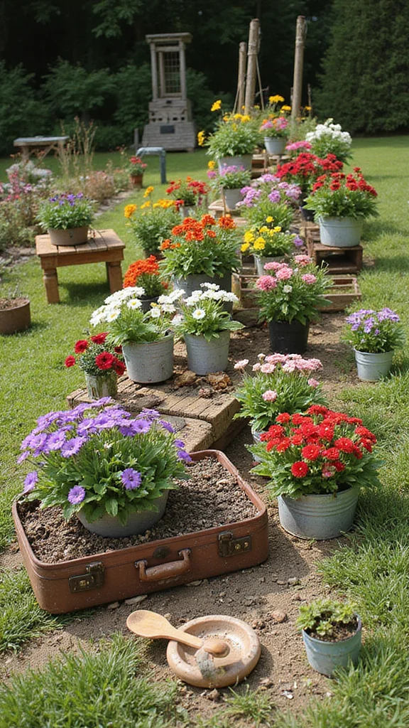 Raised Flower Bed Ideas That Add Dimension and Structure to a Flat Yard - 6. Repurposed Items for Unique Containers 1