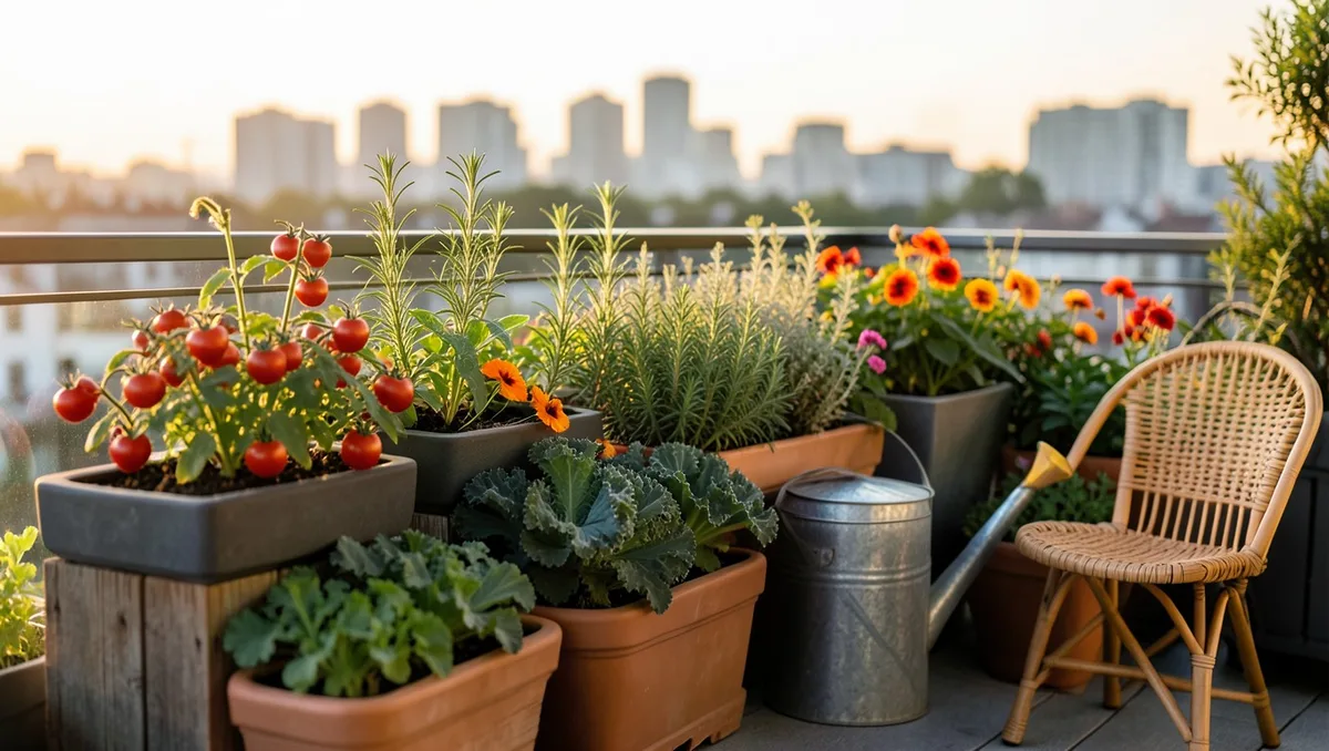 Wide landscape garden photograph, 16:9 ratio. Modern urban apartment balcony container garden during early evening golden hou