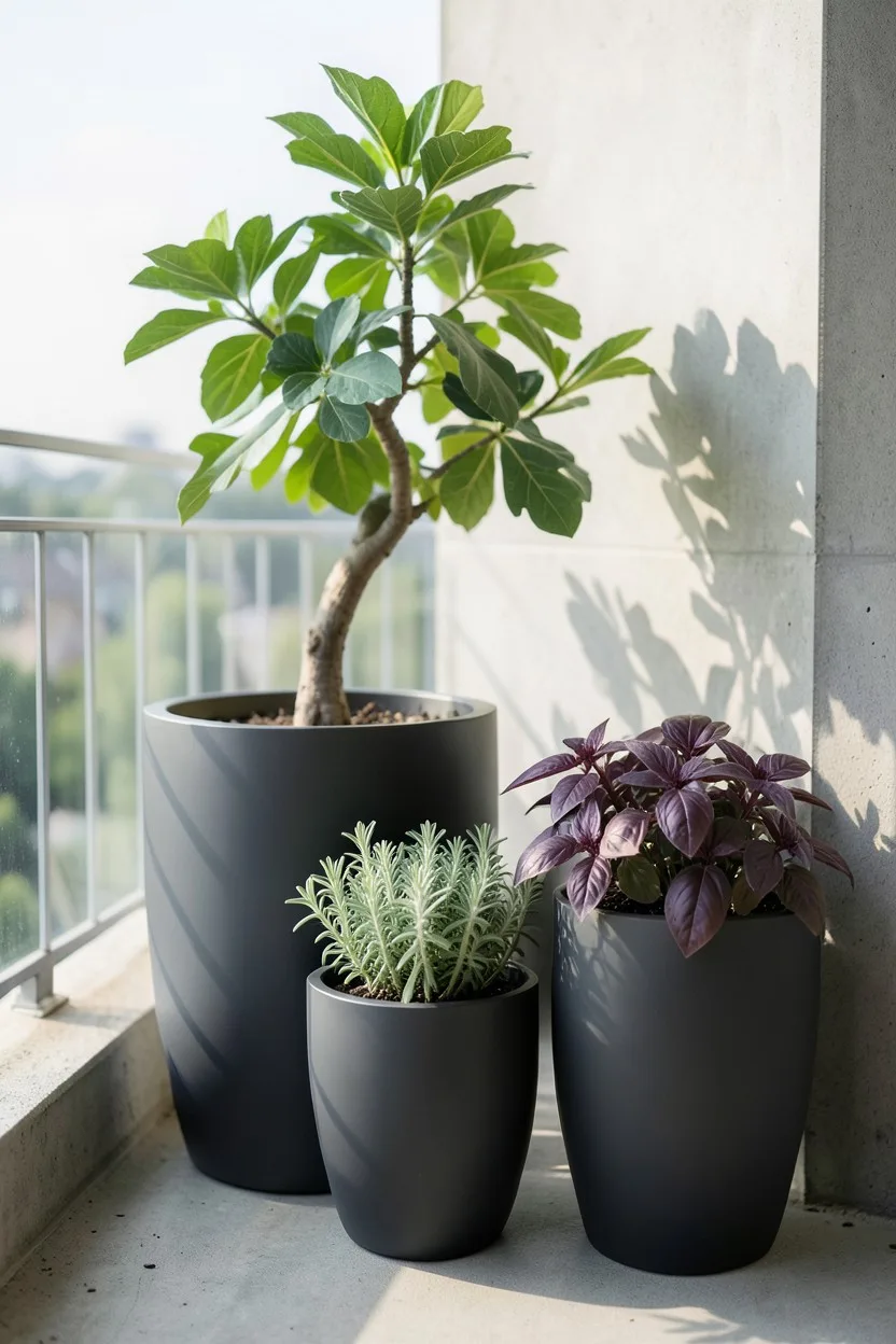 Environmental medium shot. A chic trio of sleek, matte charcoal gray fiberstone planters clustered in a sunlit corner of a mo