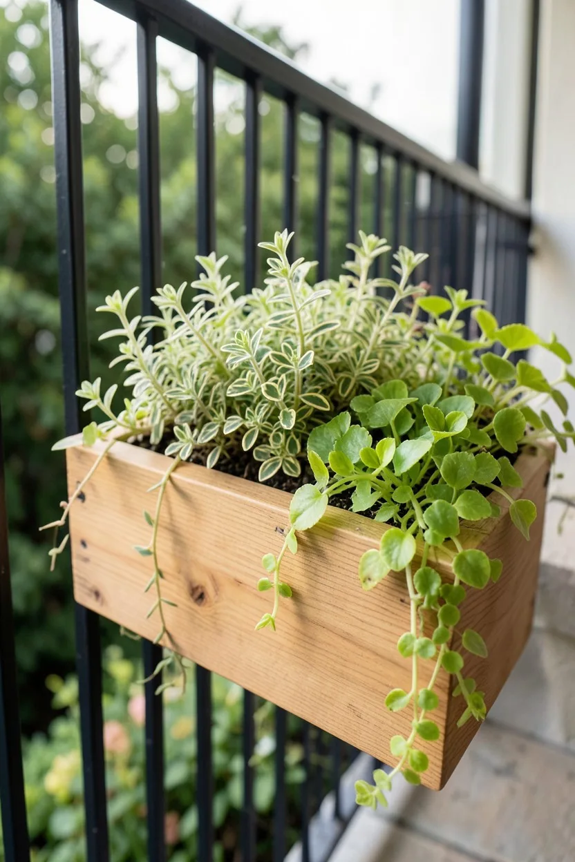 Environmental medium shot, low angle. A long, beautiful raw cedar window box secured along the base of a black iron balcony r