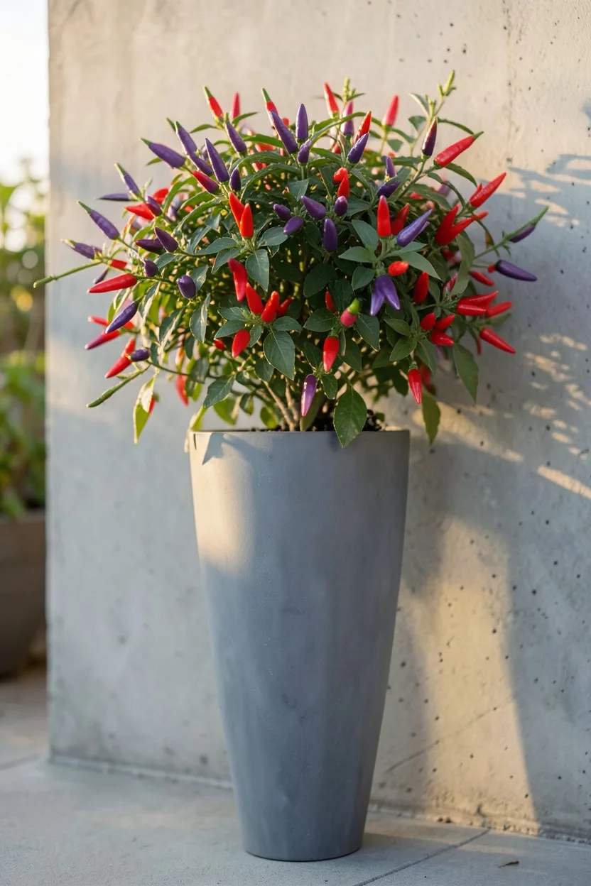 Environmental medium shot. A tall, tapered slate-colored resin column planter standing against a concrete wall. A Basket of F