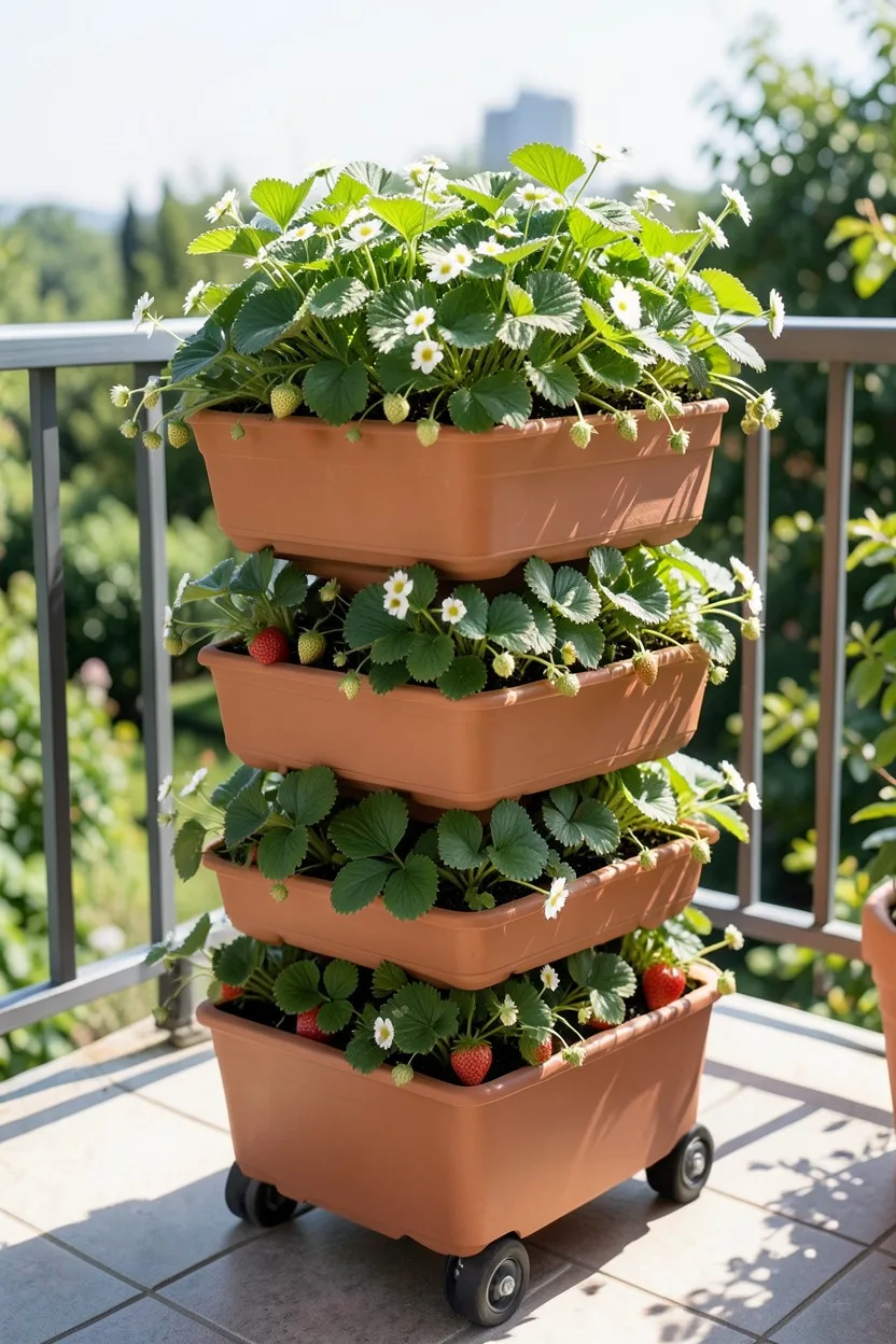 Environmental medium shot. A vertical, terracotta-colored stackable plastic planting tower sitting on a roller base on a sunn