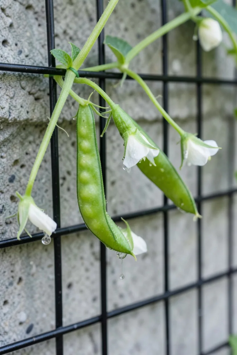 Close-up macro shot. Bright green sugar snap pea tendrils tightly wrapped around a sleek black wire grid mounted against a gr