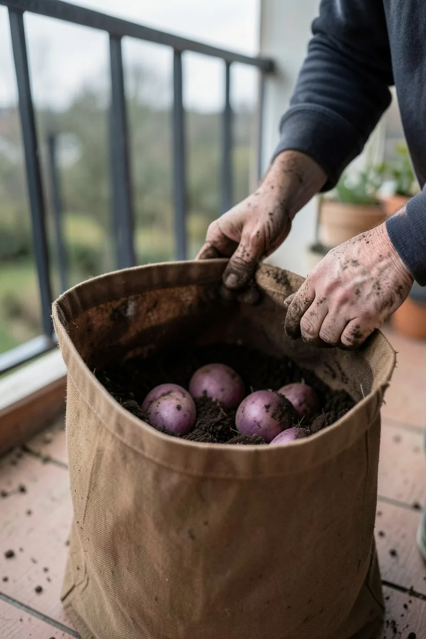 Lifestyle shot with hands. A gardener's dirt-smudged hands opening the lower side flap of a brown fabric grow bag on a balcon