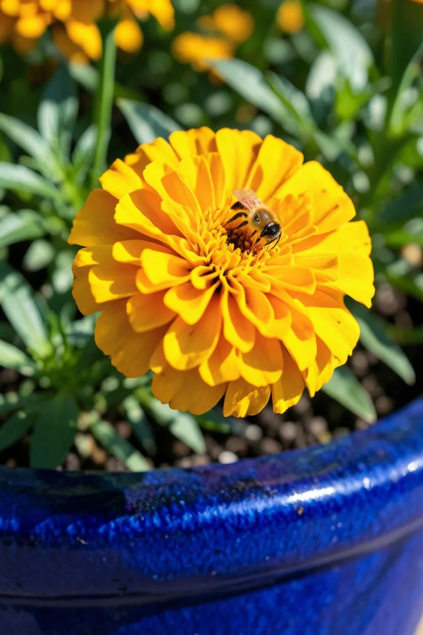 Close-up macro shot, 45-degree angle. A vibrant Durango Yellow French marigold bloom with ruffled golden-orange petals, growi