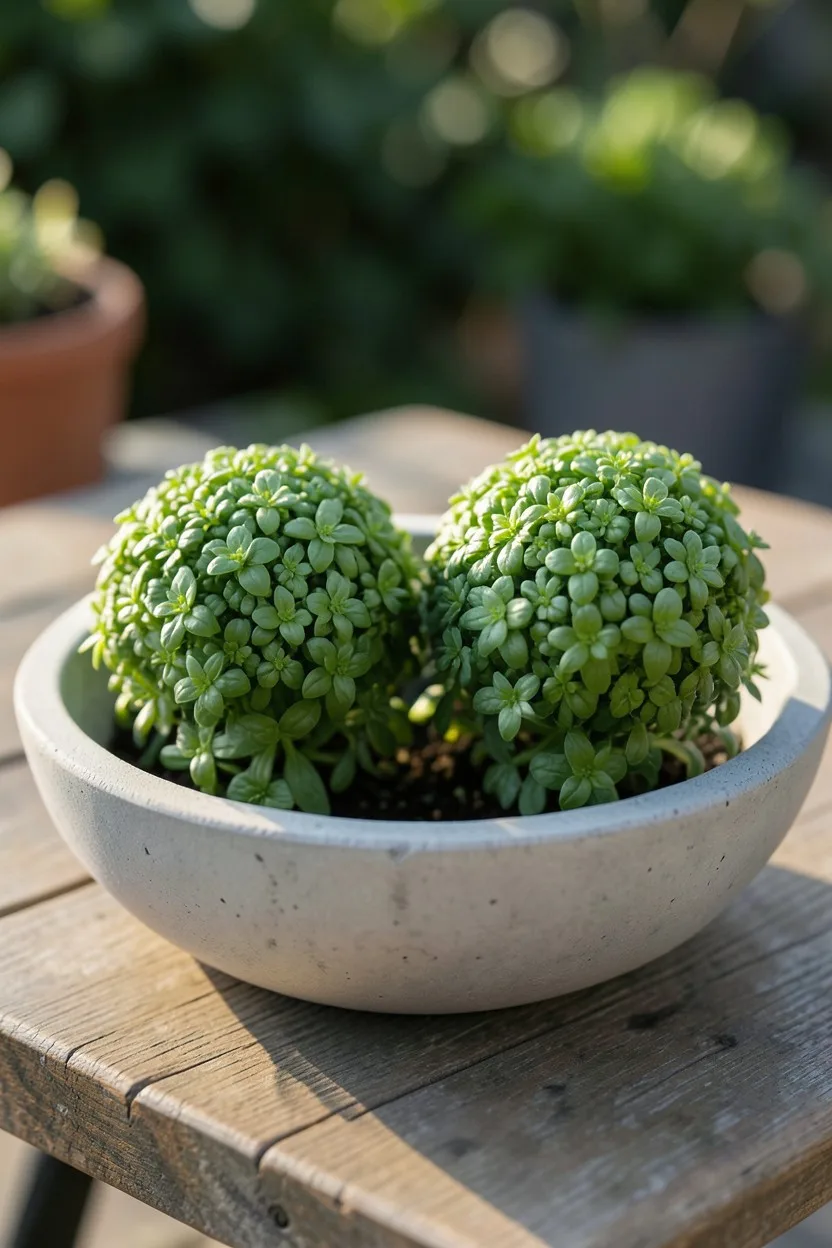 Close-up macro shot. Two perfectly spherical, dense green mounds of Boxwood basil growing neatly inside a wide, shallow raw c