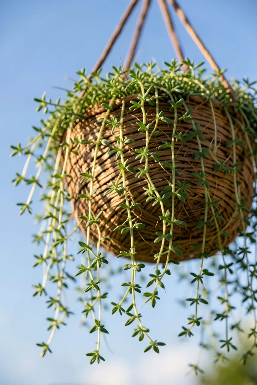 Close-up macro shot. A woven brown coconut coir hanging basket suspended against a blue sky background. Delicate, trailing st
