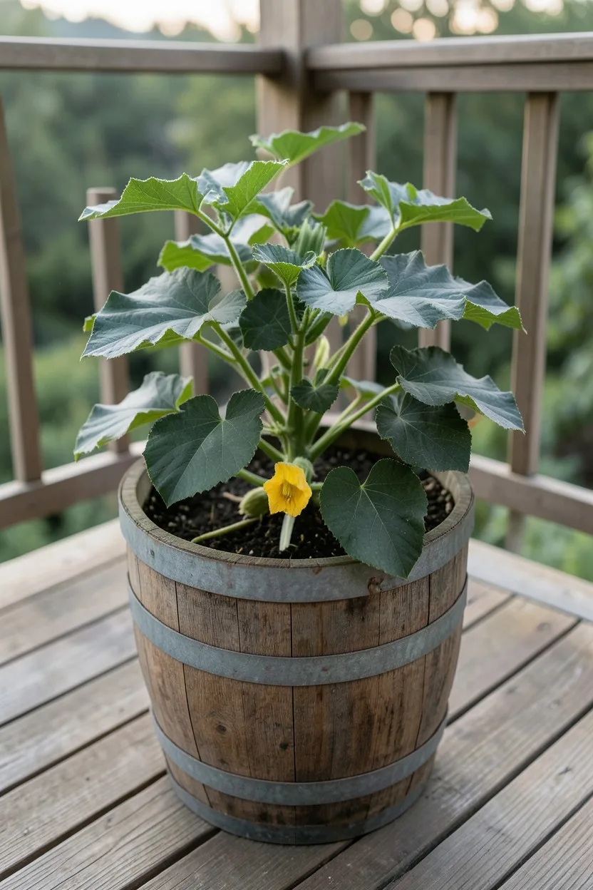 Environmental medium shot. A rustic resin whiskey barrel planter sitting on a wood deck balcony floor. A single compact Astia