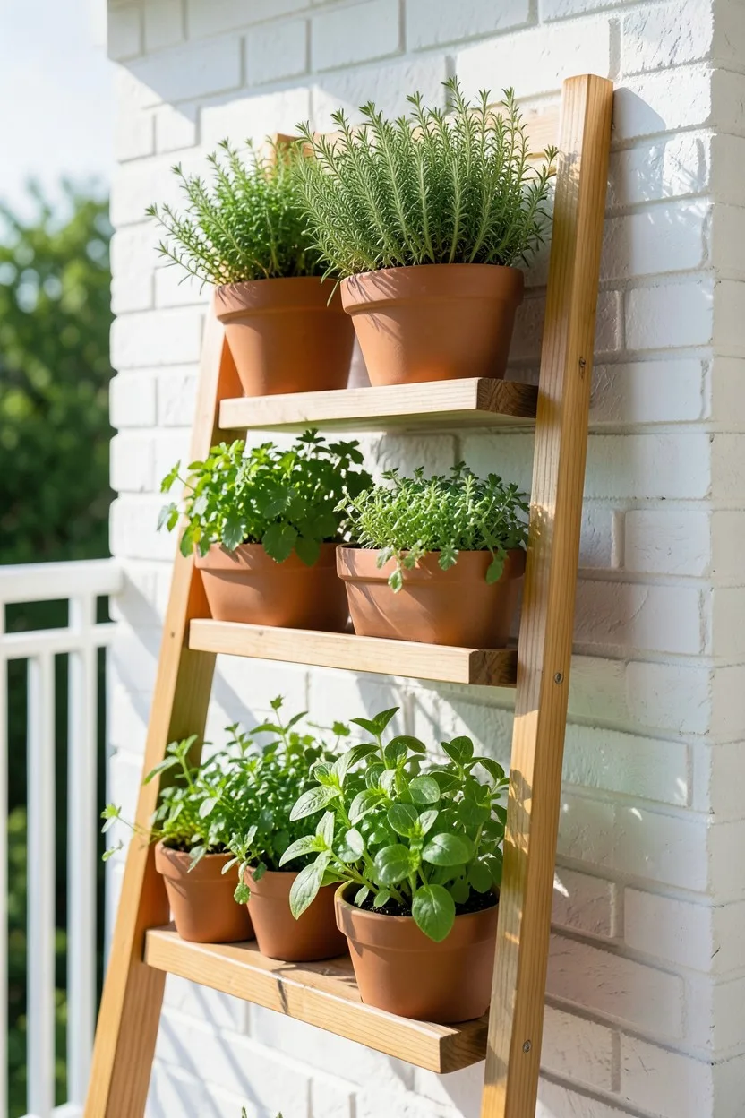 Environmental medium shot. A vertical cedar ladder shelf leaning against a white brick balcony wall. Every slat holds neat 8-