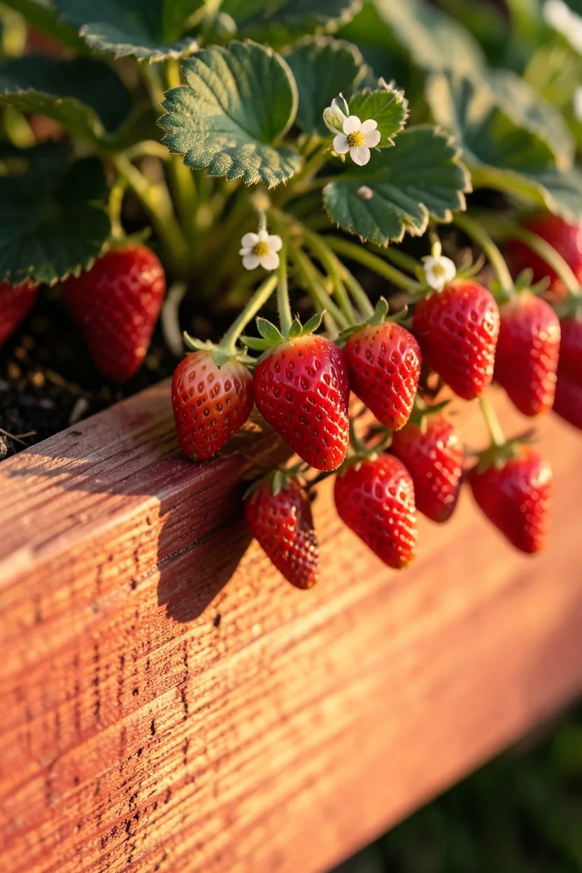Close-up macro shot. A rough-sawn, unfinished red cedar or redwood planter box edge. Tiny, elongated, bright red Alpine straw