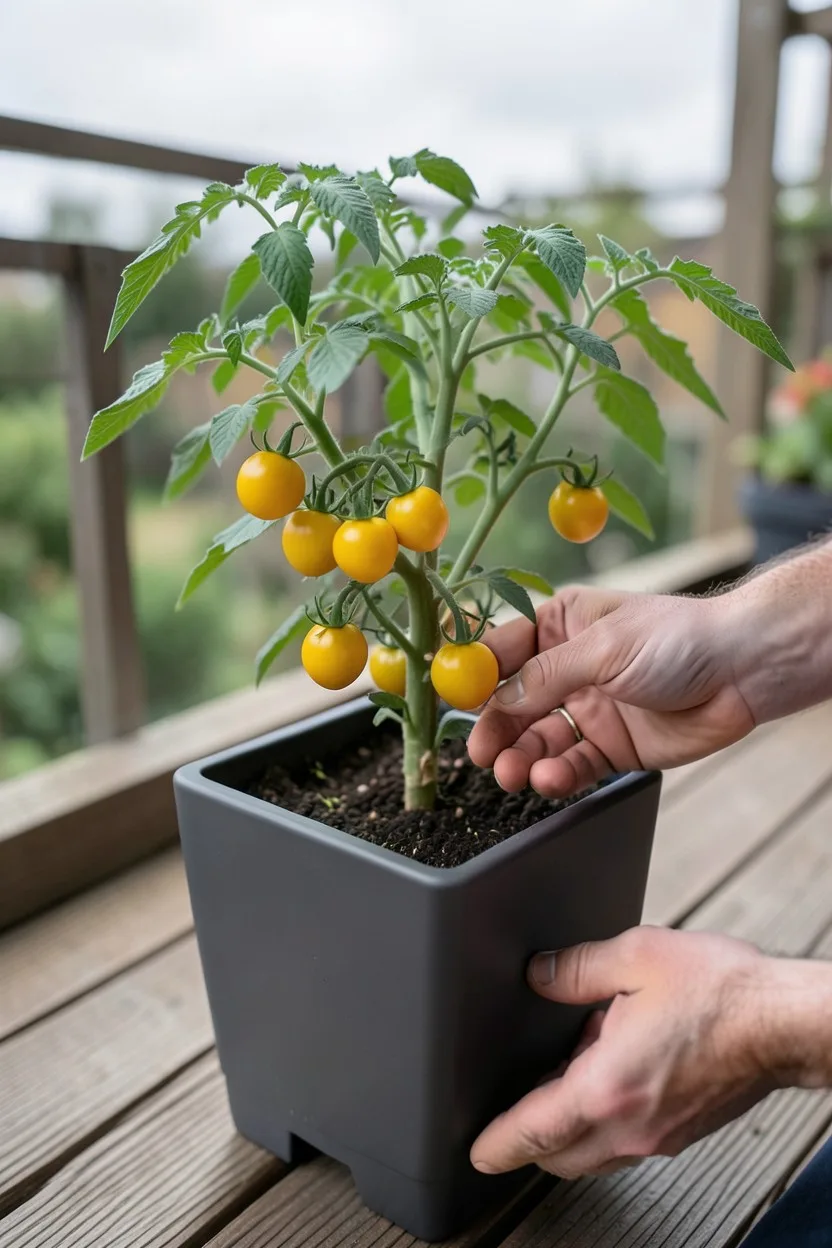 Lifestyle shot with hands. A gardener's hands checking a cluster of ripening yellow cherry tomatoes on a compact dwarf plant.