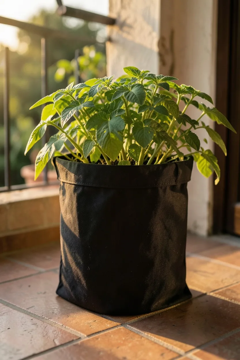 Environmental medium shot. A black fabric Smart Pot sitting on a rustic tiled balcony floor. Healthy, vibrant green potato fo