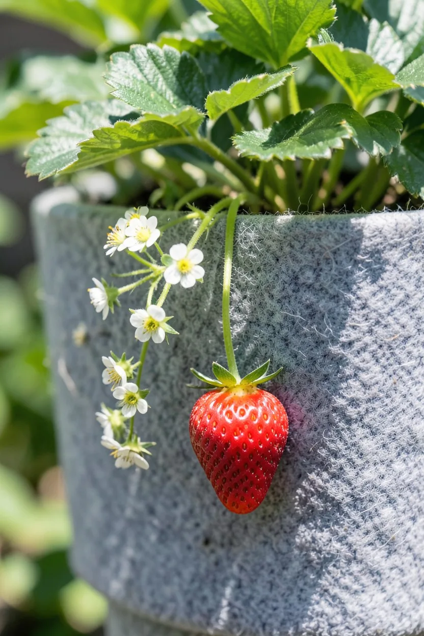Close-up macro shot. A single pocket of a gray felt wall planter. A lush strawberry plant cascades downward, featuring a clus