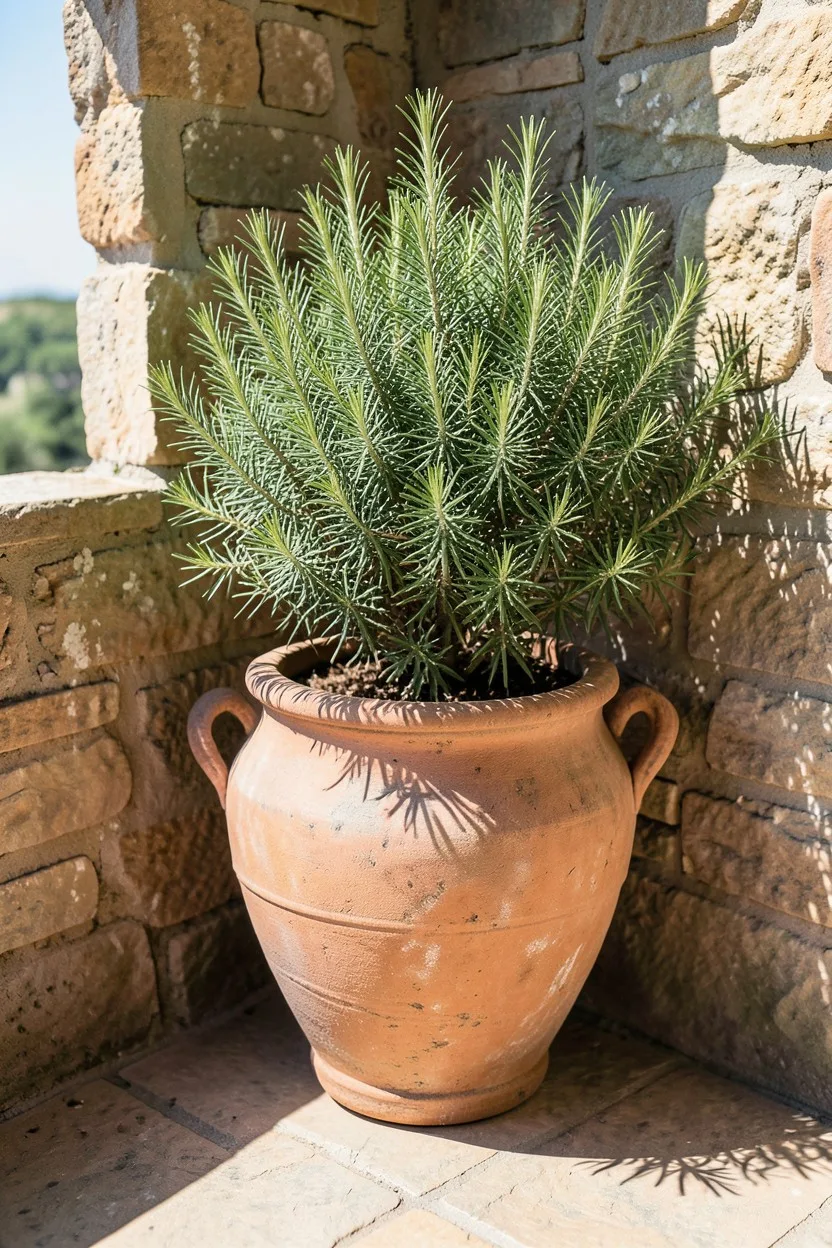 Environmental medium shot. A weathered, thick-walled terracotta urn sitting firmly in a sun-drenched corner of an exposed sto