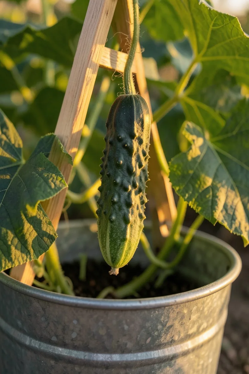 Close-up macro shot, angled down. A small, prickly green Spacemaster cucumber growing amidst large lobed leaves, hanging from