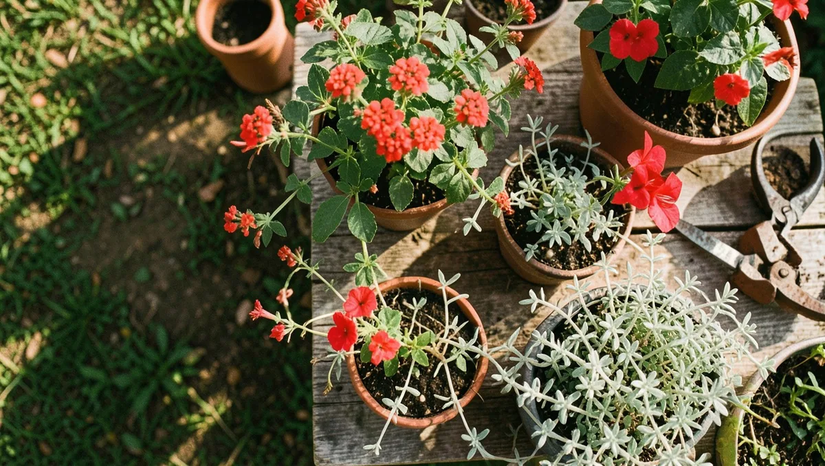 Overhead flat lay garden photography, 50mm lens, natural light, editorial horticulture style, warm film-like color grading, m