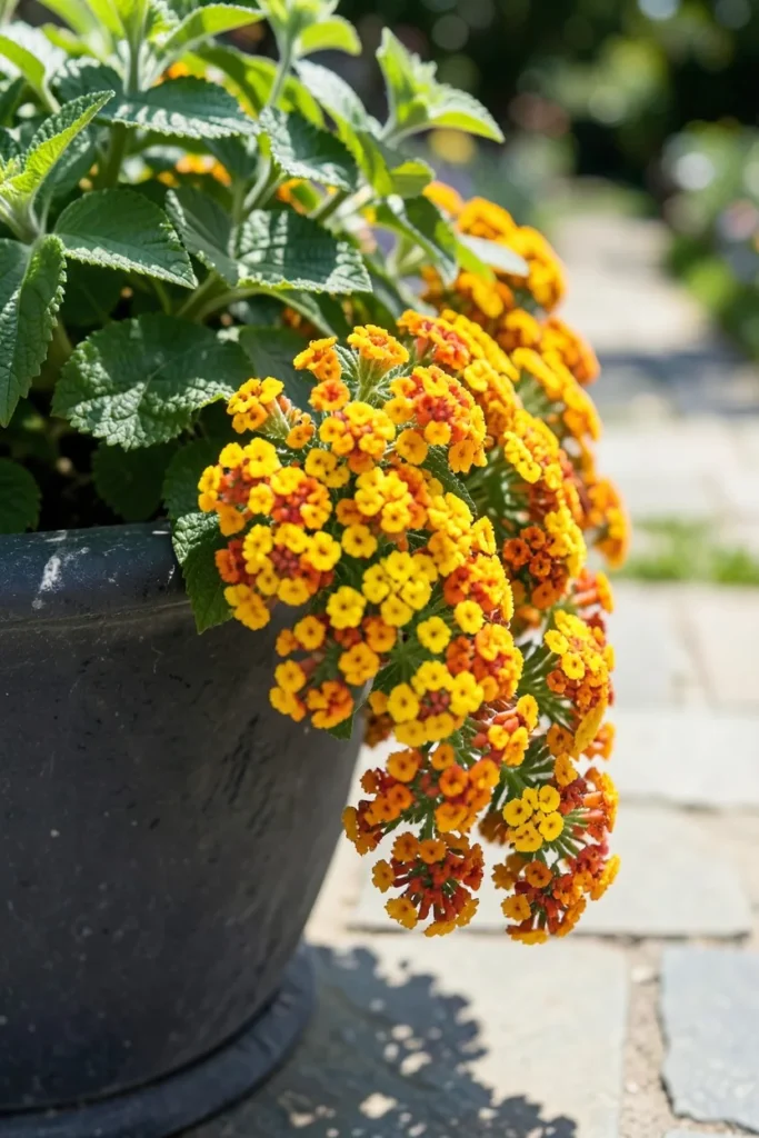 A close-up of vibrant trailing lantana with dense clusters of tiny bright yellow and deep orange flowers spilling over the ed