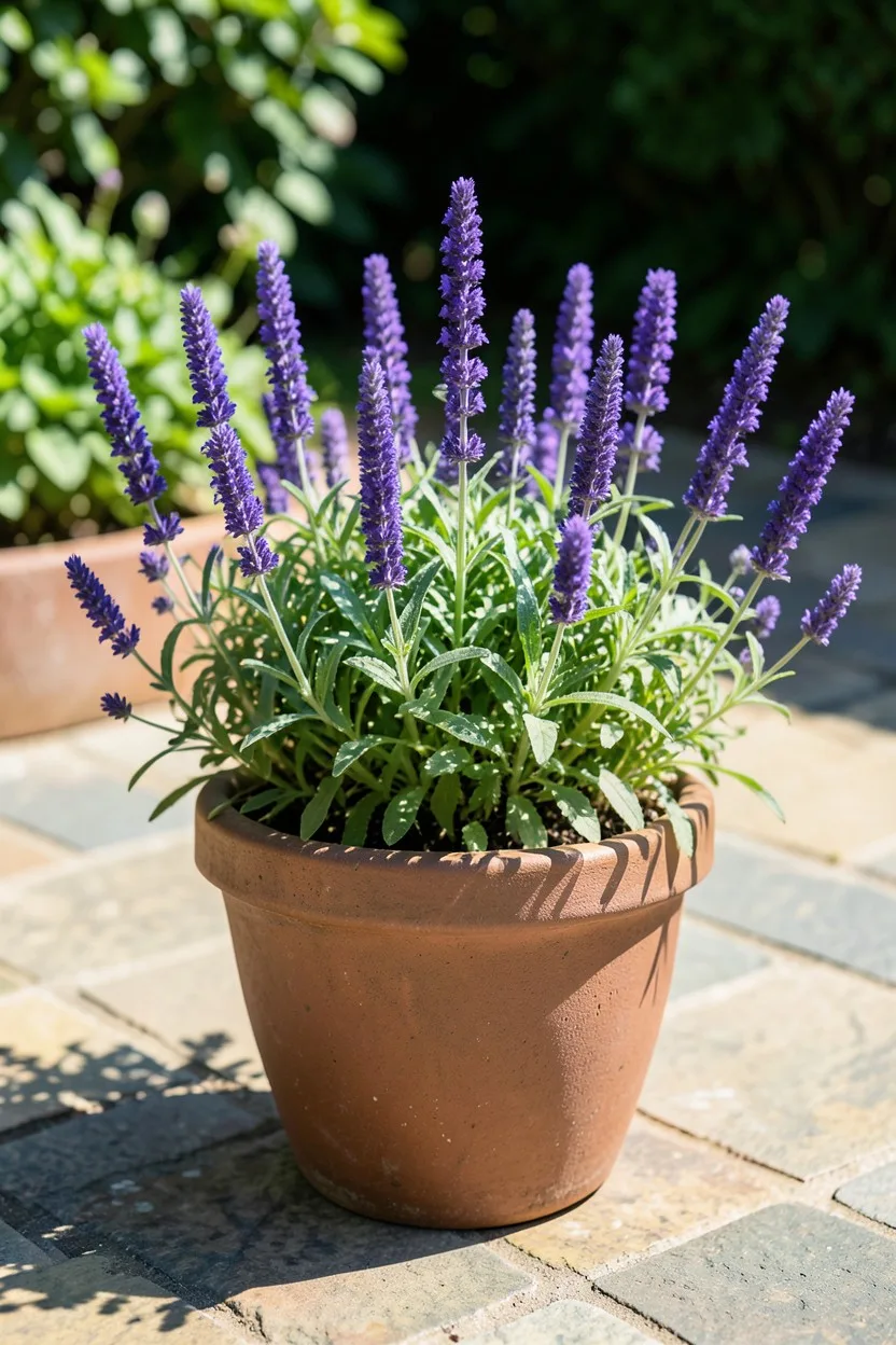 Sturdy upright spikes of deep violet-blue Victoria Blue salvia catching clear summer afternoon light. The plants grow in a ru