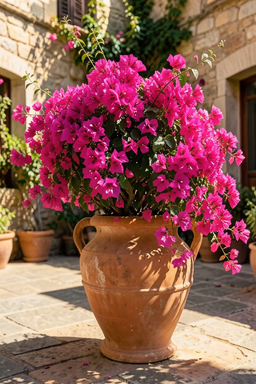 A cascading bougainvillea plant with intense magenta papery bracts spilling wildly out of a large, weathered classic terracot