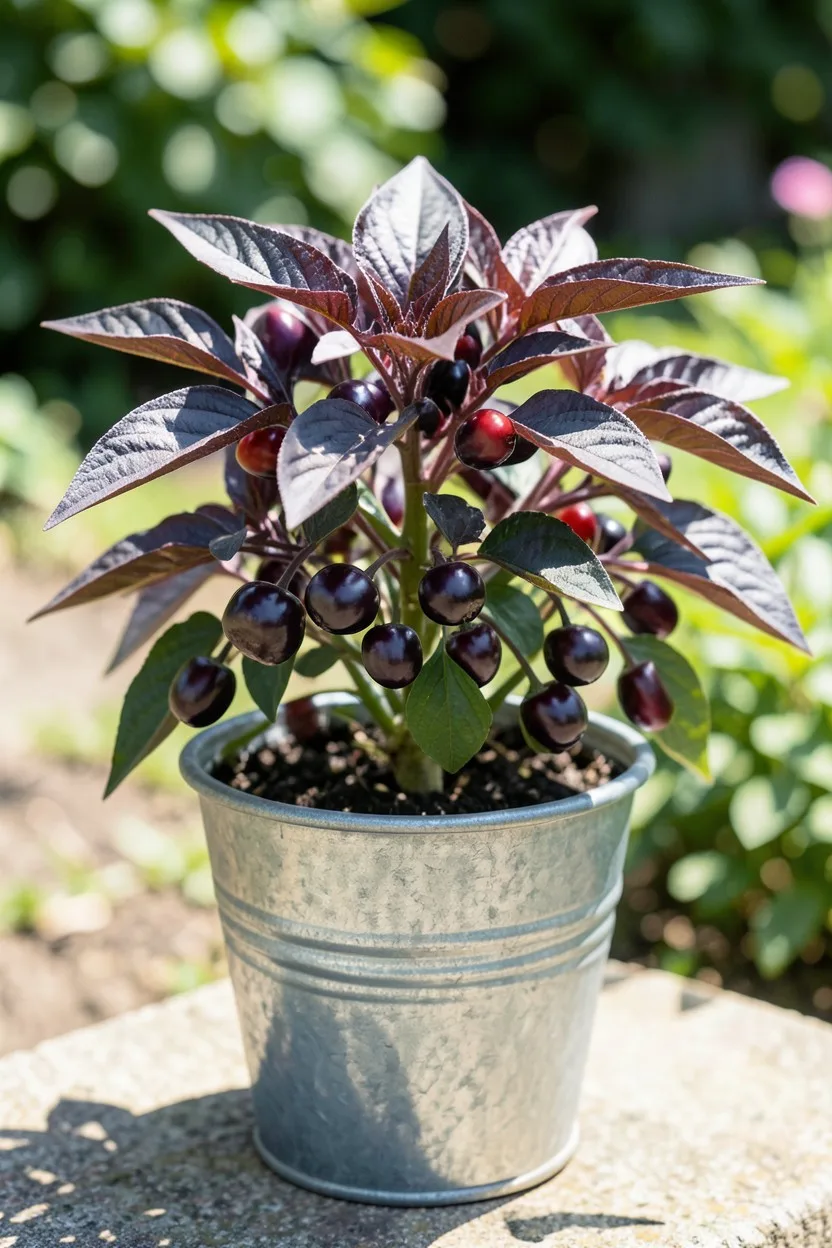 A compact Black Pearl ornamental pepper plant with dark purple foliage and small, shiny round purple and red peppers growing