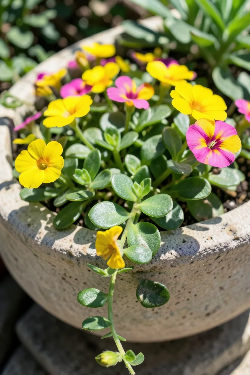 A close-up of low-growing purslane with flat succulent leaves and wide-open, bright yellow and hot pink flat flowers basking