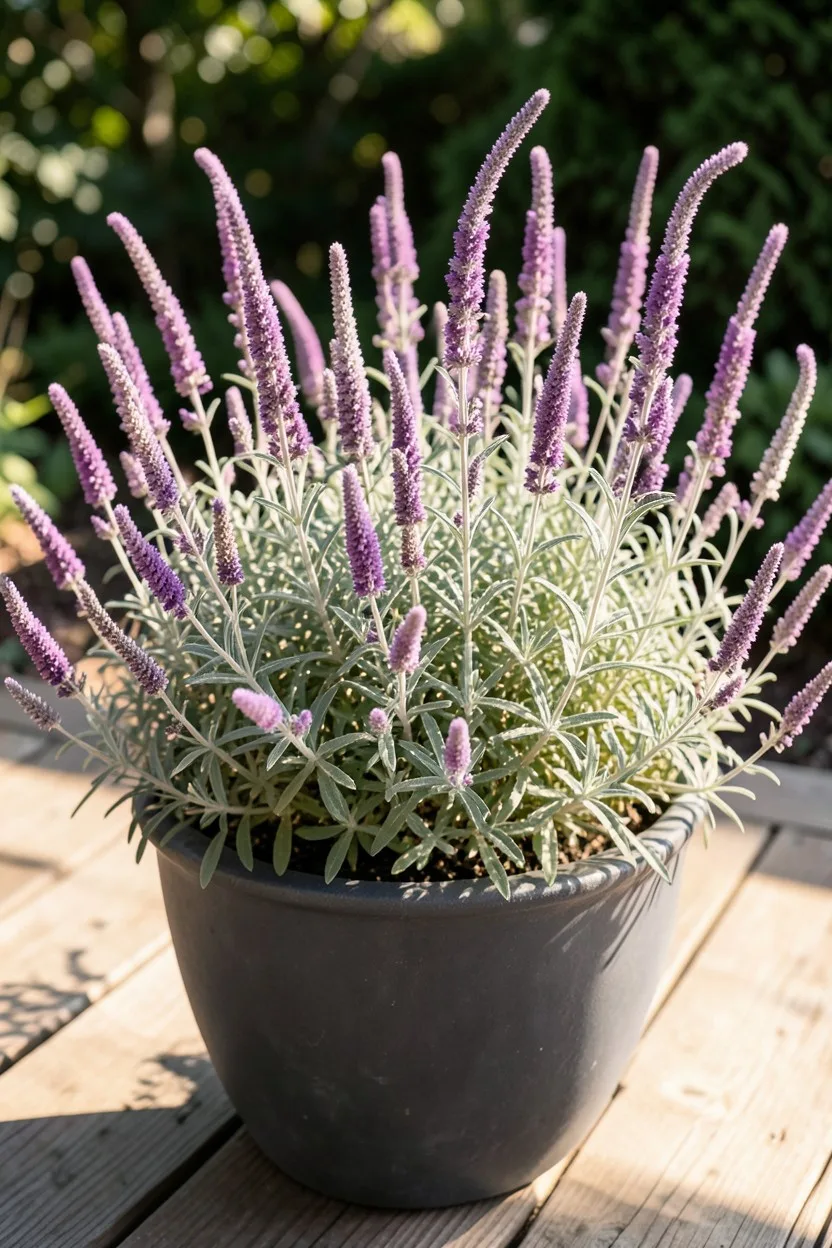 Long, arching velvet spikes of purple and white Mexican bush sage growing proudly in a large dark grey ceramic pot on a sunny
