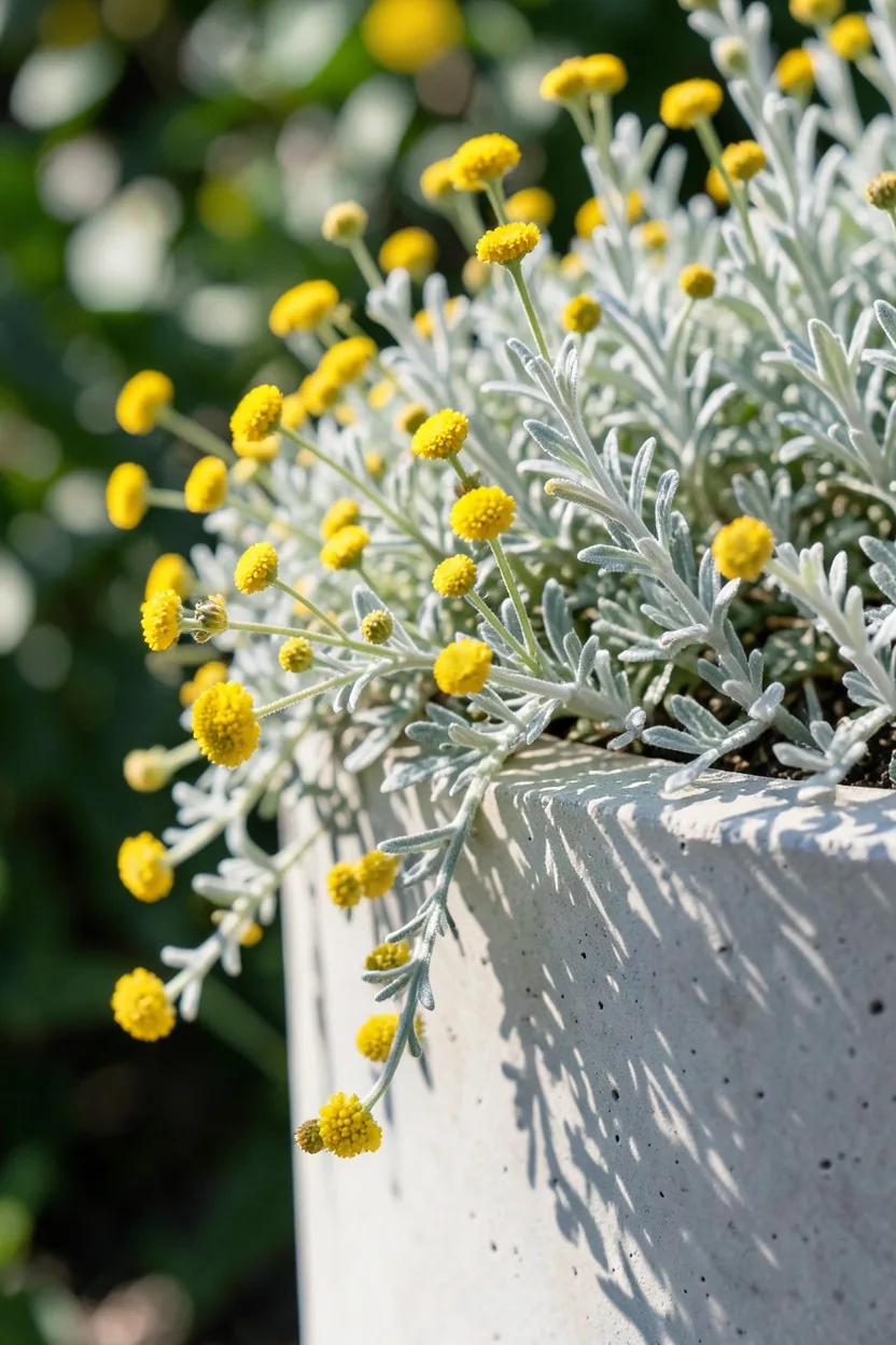 A close-up of trailing Flambe Yellow chrysocephalum showing tiny golden button flowers and small silvery-green woolly leaves