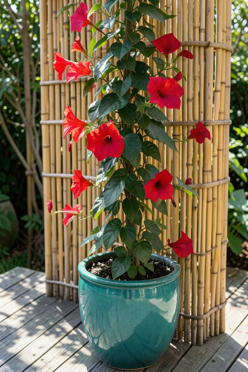 A tall, vibrant red mandevilla vine with large trumpet-shaped flowers climbing up a natural bamboo trellis inside a heavy tea