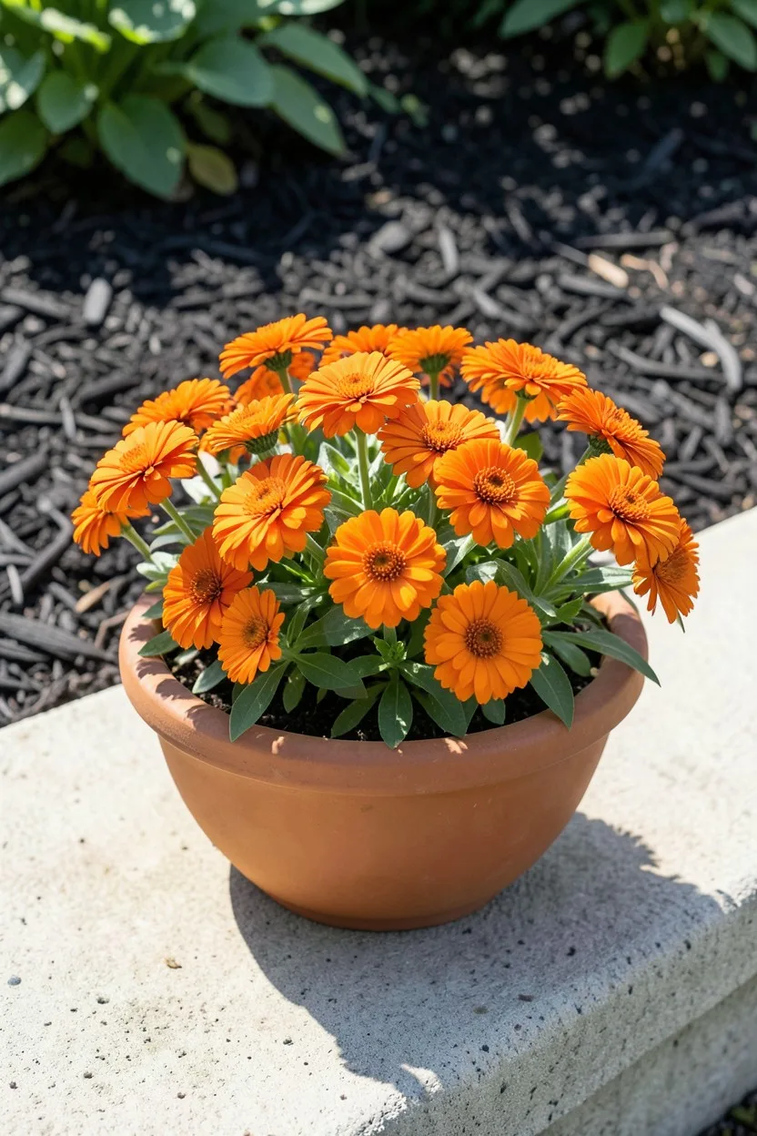 A shallow terracotta bowl packed with low, mounding Profusion Orange zinnias in full bloom, showcasing dense bright orange da