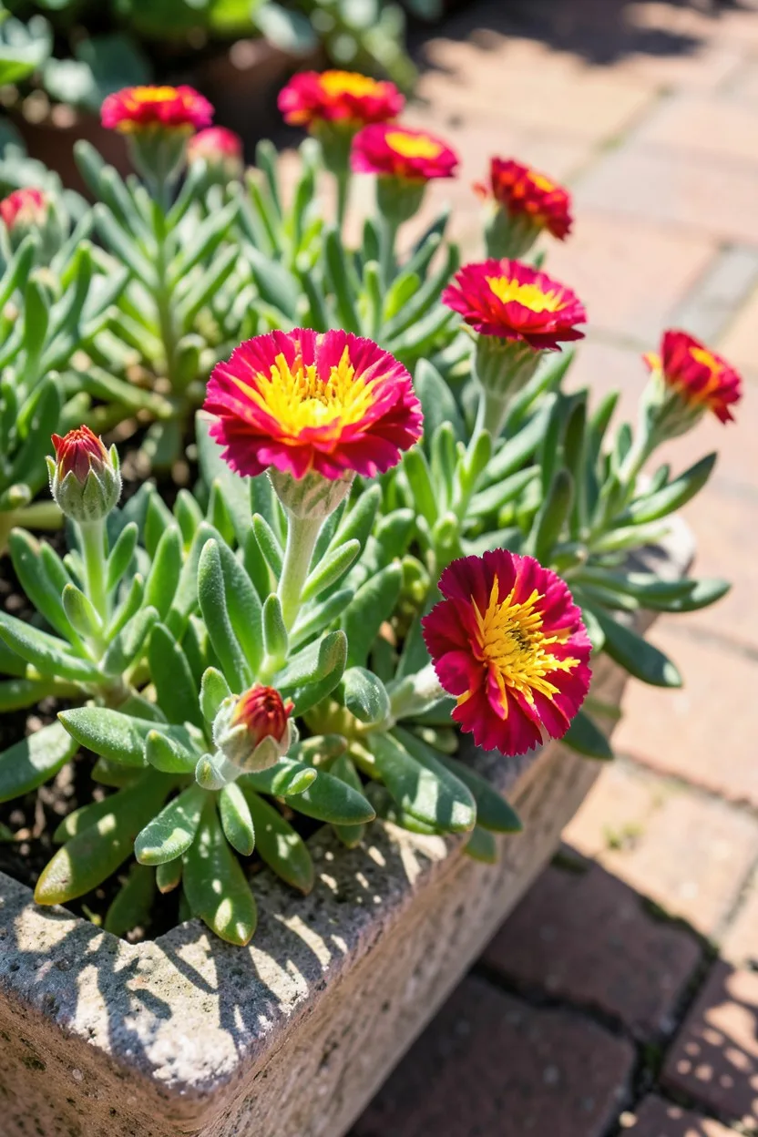 A close-up of trailing portulaca moss rose with fleshy succulent leaves and vivid magenta and yellow ruffled flowers opening