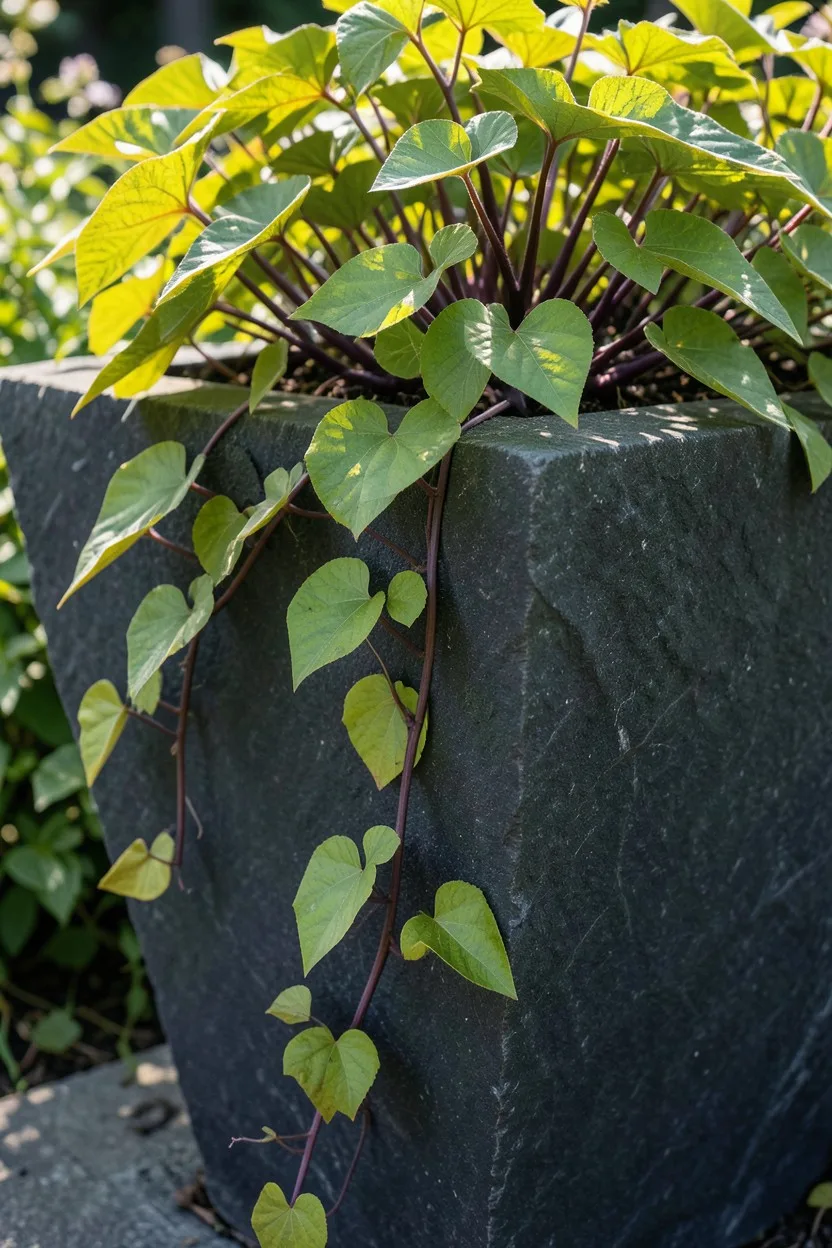 Vibrant chartreuse and dark purple sweet potato vines trailing aggressively down the side of a large dark grey slate planter.