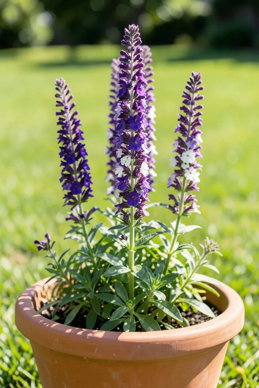 Tall, upright spikes of deep purple and white Angelonia flowers standing proudly in the center of a large terracotta pot. The