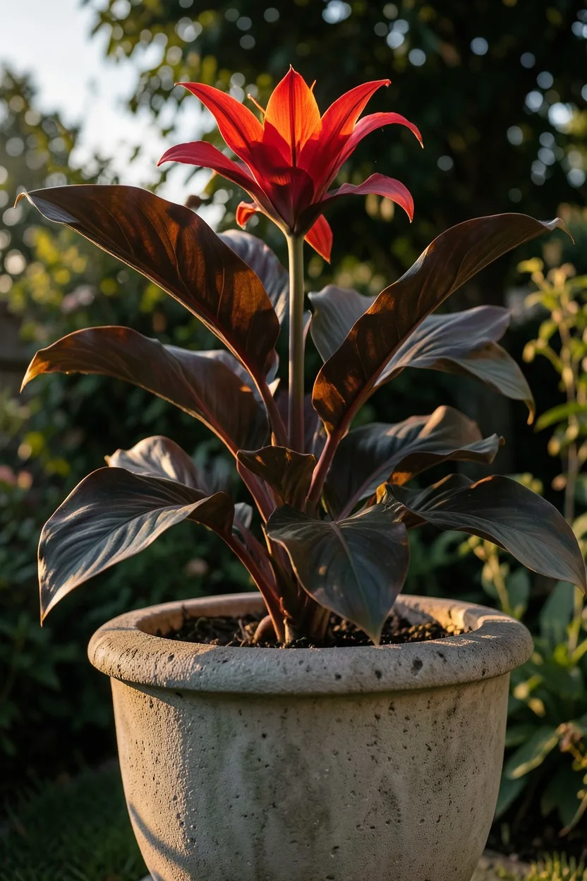 A majestic dwarf Cannova canna lily with massive dark bronze leaves and a fiery scarlet flower head rising up from a large, h