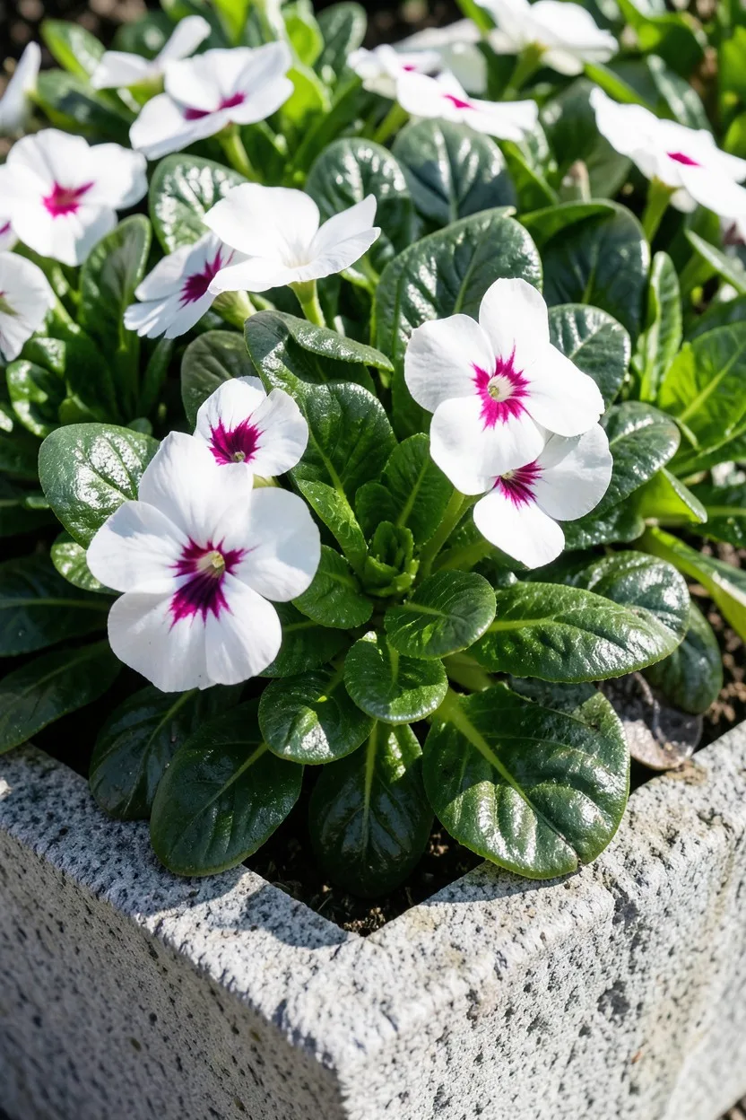 A close-up of glossy, dark green waxy leaves and bright white annual vinca flowers with deep pink centers. The plant is packe