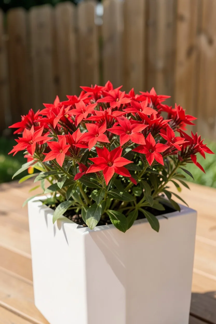A cluster of vibrant red star-shaped pentas flowers blooming thickly in a clean white modern composite planter. Bright summer