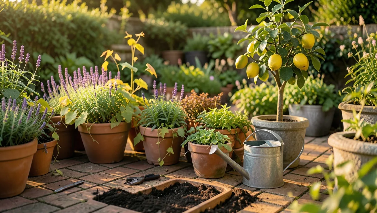 Wide landscape garden photograph, 16:9 ratio. A lush container gardening scene on an old brick patio featuring an array of po