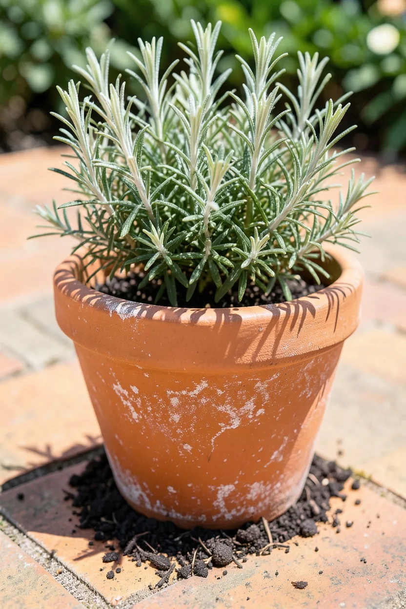 A close-up of a thick-walled Italian unglazed terracotta pot holding a mature rosemary bush with fragrant silver-green needle