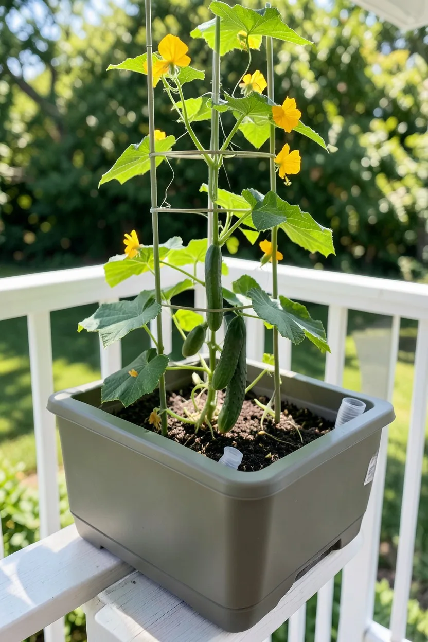 A rectangular EarthBox self-watering planter sitting on a sunny porch rail. Inside, a thriving cucumber vine grows up a small