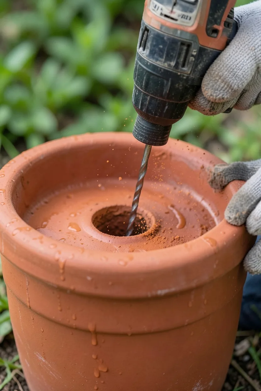 A close-up view of a gardener's gloved hands using a cordless power drill fitted with a diamond masonry bit to drill a clean 