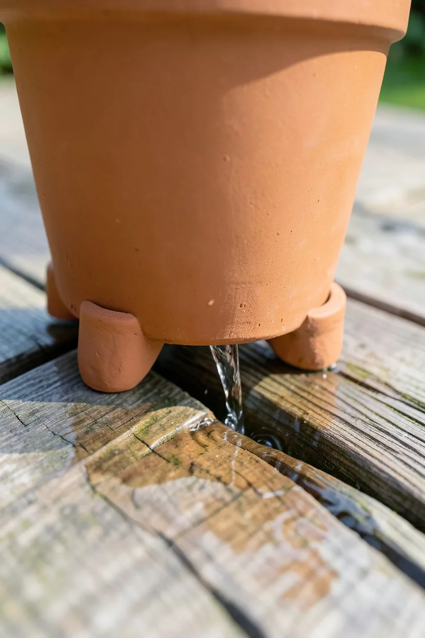 A close-up showing the base of a large terracotta pot elevated off a cedar deck by three small decorative clay pot feet. Clea