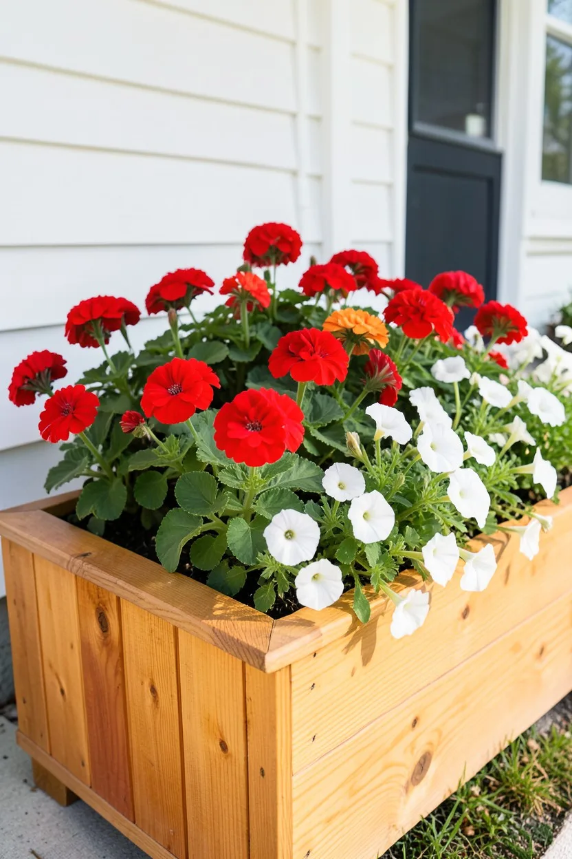 A long rectangular cedar planter box filled with an assortment of vibrant annual flowers like red geraniums and white petunia