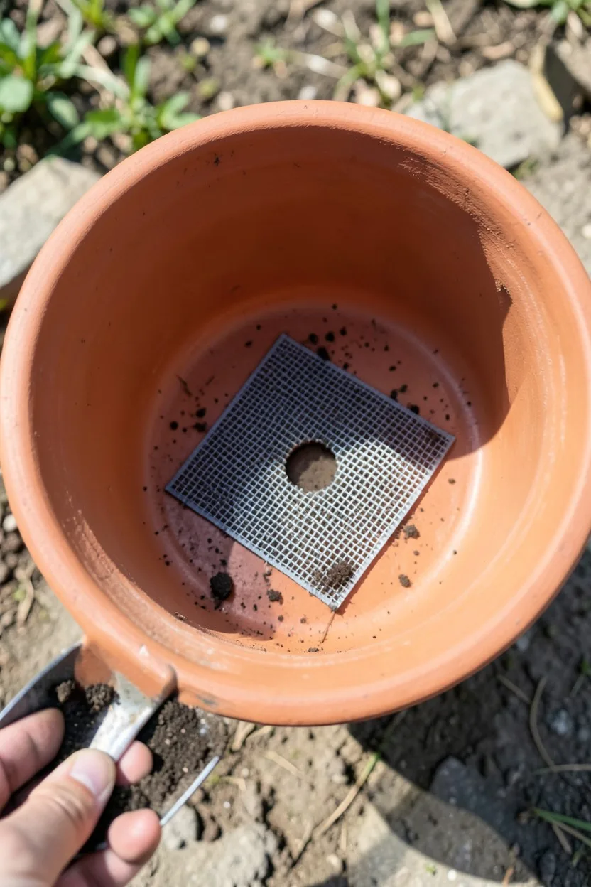 An empty terracotta pot tilted slightly to show the interior bottom, where a small square of gray plastic mesh screen is laid