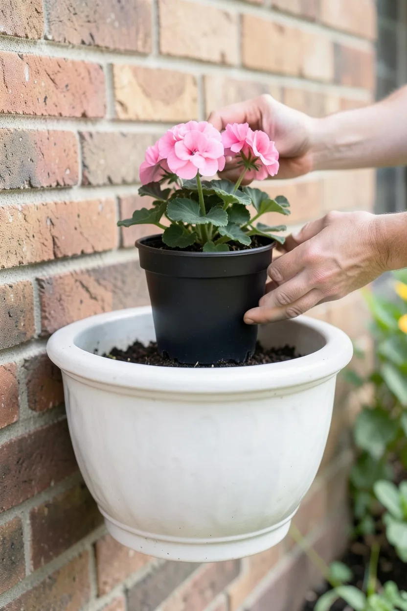 A decorative glazed white stoneware planter sitting on a brick wall. A plain black plastic nursery pot containing a blooming 