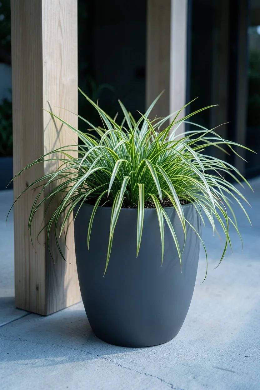 A charcoal-gray double-walled resin planter containing a lush, variegated Japanese forest grass that cascades over the rim. T